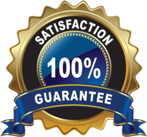 A gold and blue seal that says satisfaction guarantee