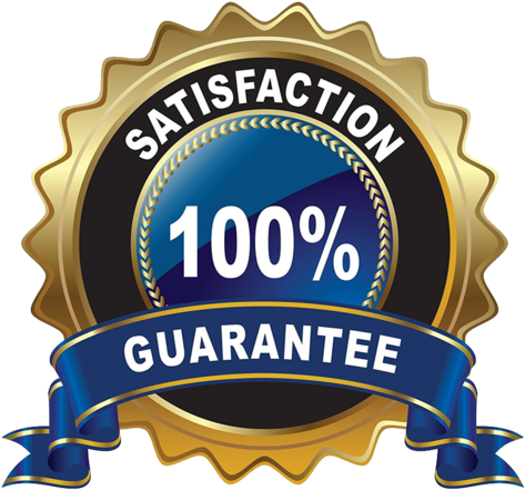 A gold and blue seal that says satisfaction guarantee