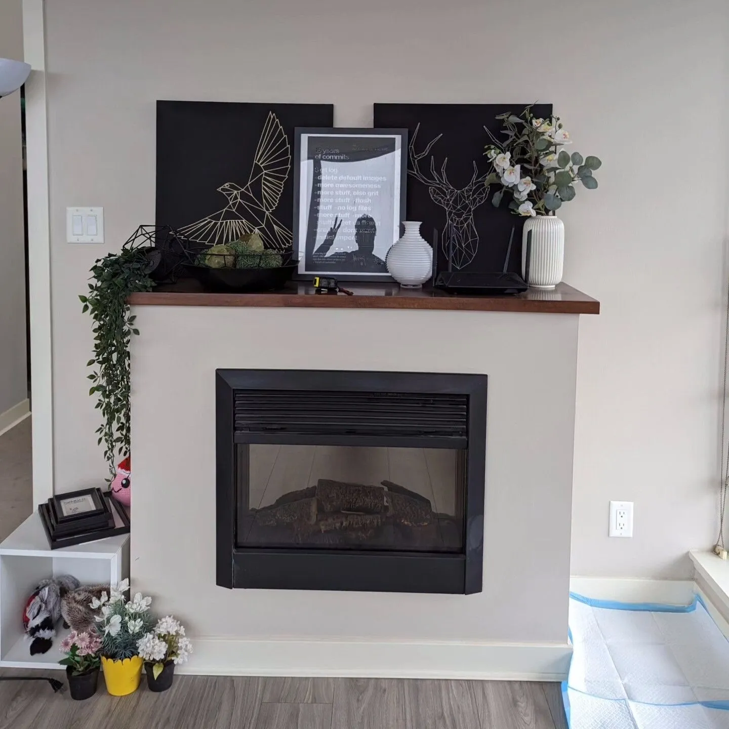 A fireplace with plants and pictures on the mantle.